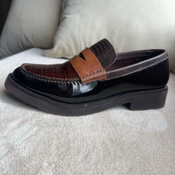 Jeffrey Campbell Lenna Brown Patent & Croc Embossed Leather Penny Loafer Women 6 - Picture 2 of 16